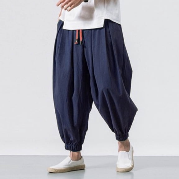 Yaoyar Cargo Linen Pants for Men Baggy Harem Pant Hippie Beach Yoga Casual Drop Crotch Trouser