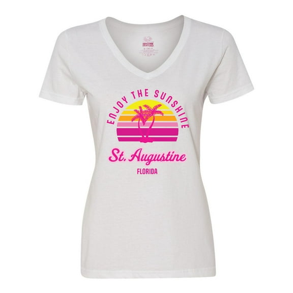 Inktastic Summer Enjoy the Sunshine St. Augustine Florida in Pink Women's V-Neck T-Shirt