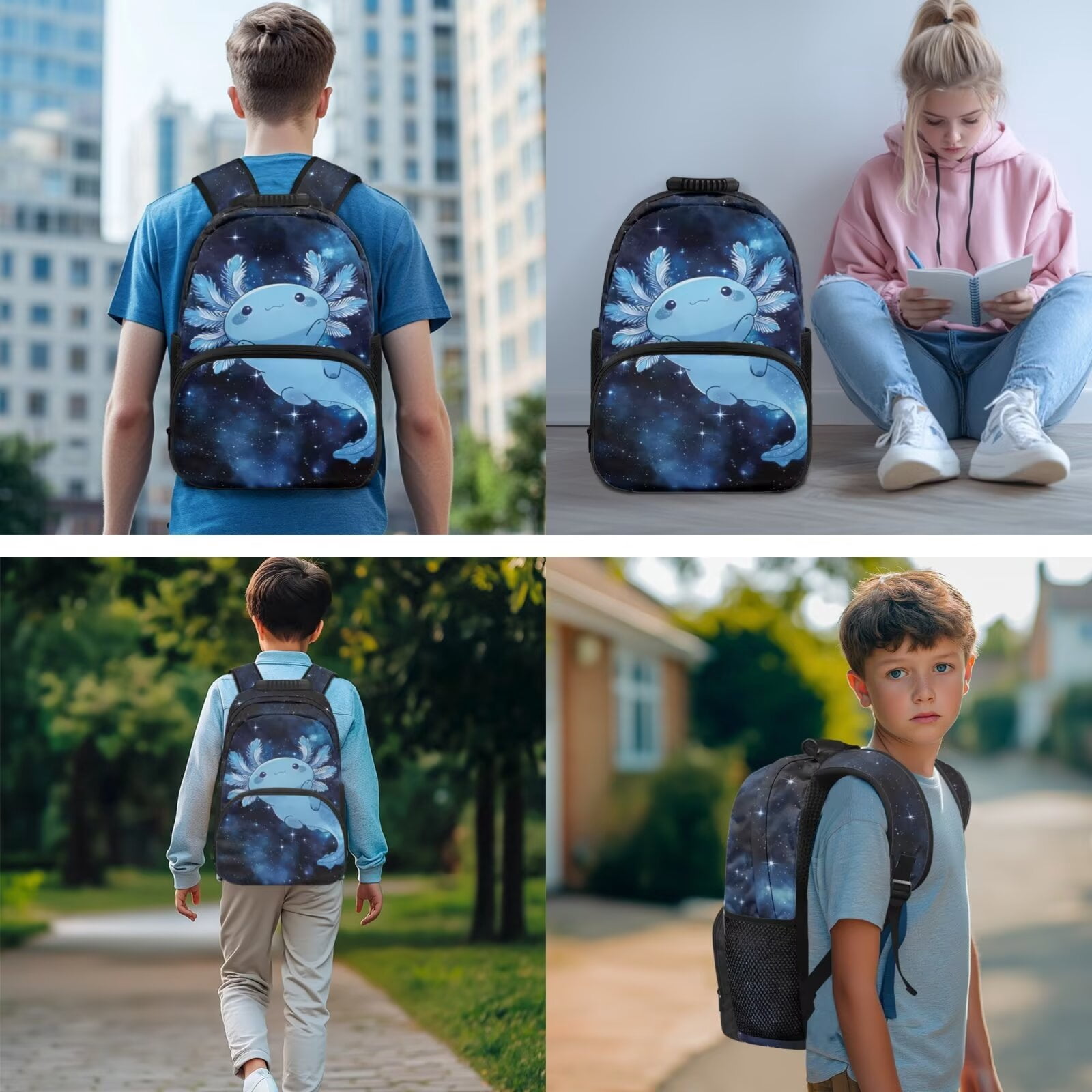 Pzuqiu Blue Galaxy Axolotl Backpack for Boys Girls Back to School Shoulder Bookbags,4 PCS Insulated Lunch Box Pencil Case 17 Inch Girls Schoolbag for Middle School Rucksack