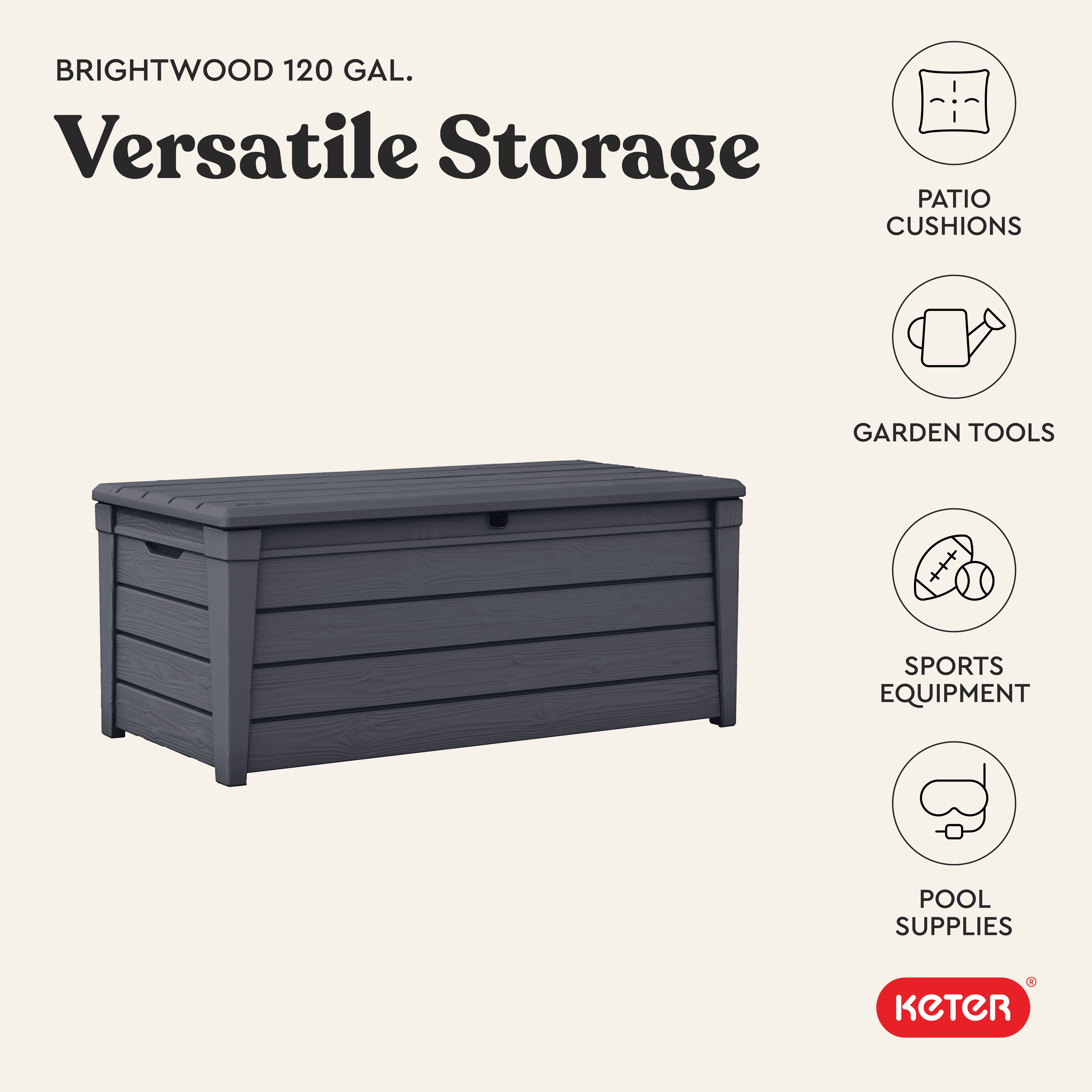 Keter Brightwood 120 Gallon Durable Resin Outdoor Deck Box Storage Organization, Anthracite Gray