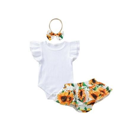 

ZIYIXIN Baby Girl Ribbed Clothes Summer Outfit Ruffle Romper Bodysuit Floral Shorts Headband 3Pcs Set White 6-12 Months