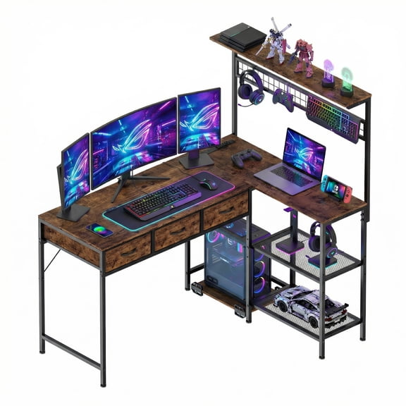 L-Shaped Computer Desk with Power Outlets & LED Lights, 50.4" Reversible Corner Workstation with 3-Tier Storage Shelves & Fabric Drawers, Modern Gaming Desk for Study, Living Room or Office, Brown