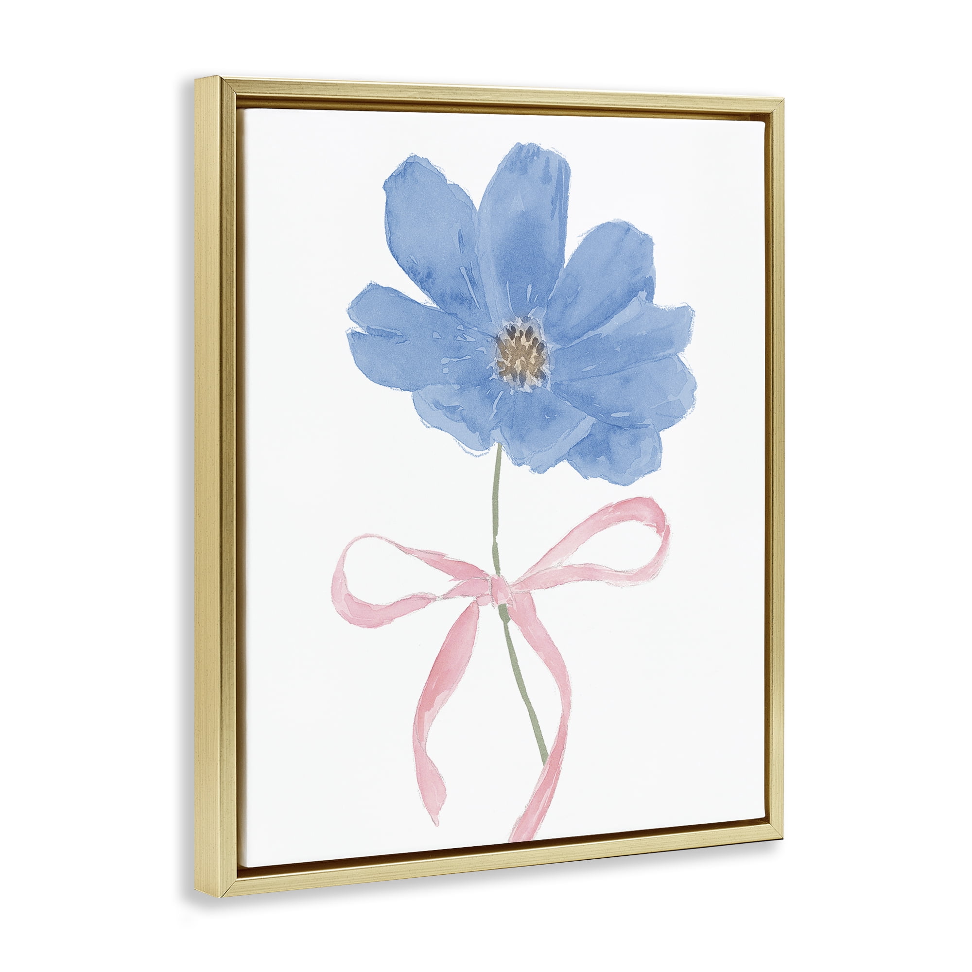 Stupell Industries Blue Bow Bloom Gold Framed Floater Canvas Wall Art, design by Lucille Price