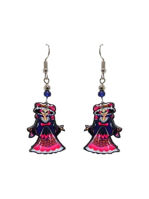 Day of the Dead Sugar Skull Skeleton Holiday Graphic Dangle Earrings - Womens Fashion Handmade Jewelry Themed Accessories