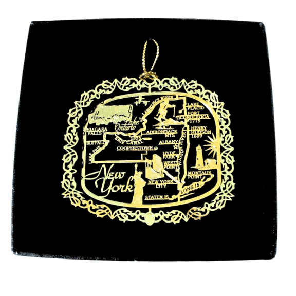 New York State Brass Christmas Ornament Black Leatherette Gift Box