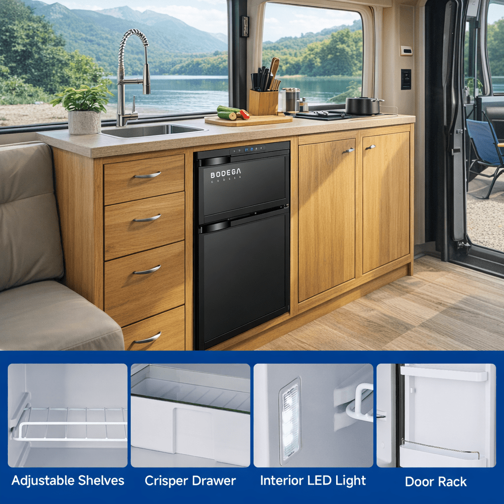 BODEGA 12V RV Refrigerator 80L (2.82 Cu.Ft) Dual Zone Fridge Freezer with APP Control, -4℉–68℉ Compressor Car Refrigerator, 12/24V DC Portable Cooler for RV, Truck, Camper, Boat