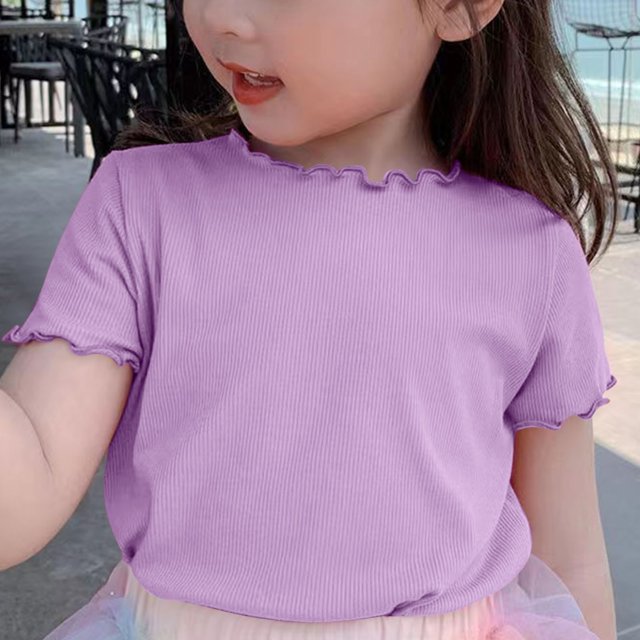 AherBiu T-Shirts Filles Manches Courtes à Volants Hauts en Coton Doux Col Rond Décontracté Couleur Unie 1-9 Ans