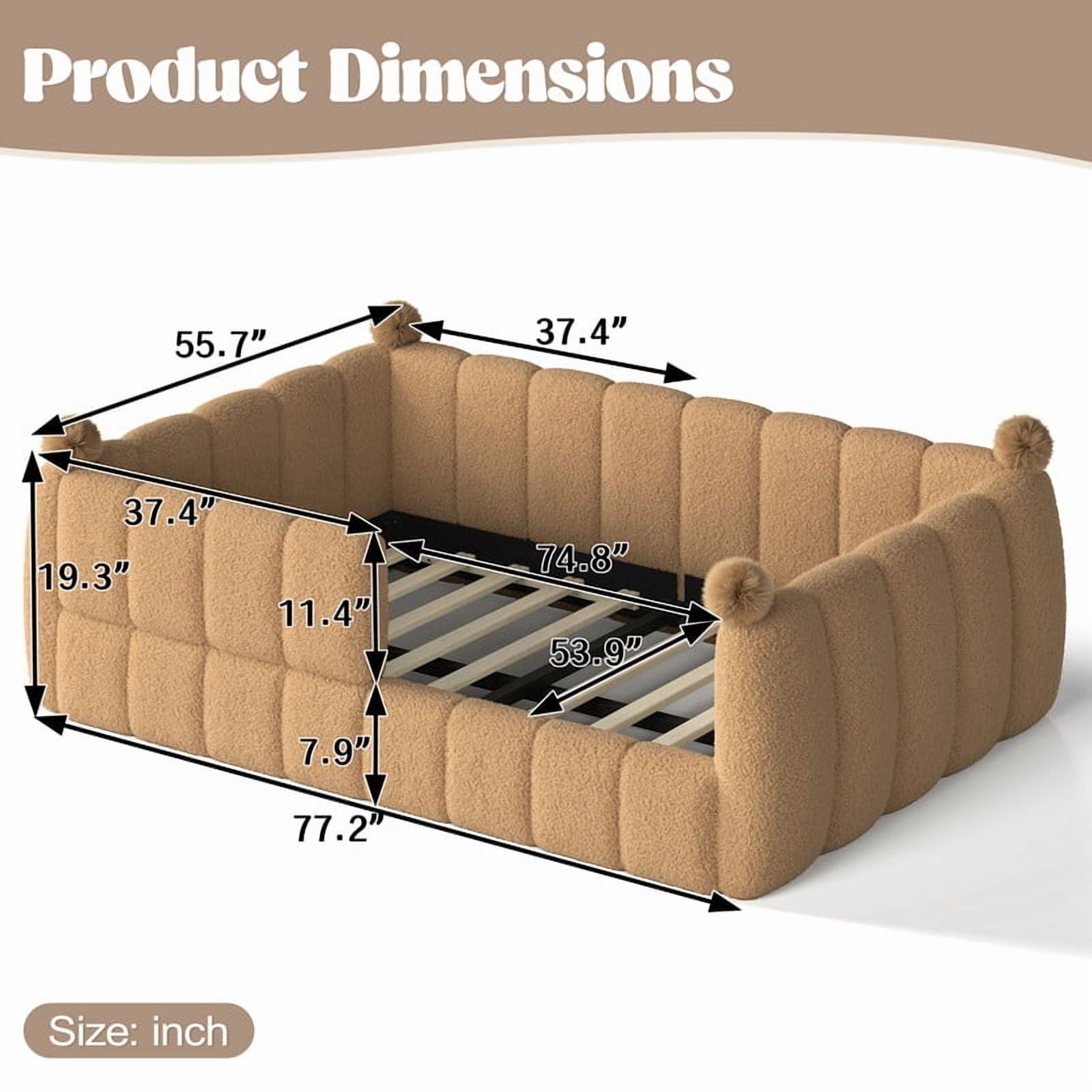Bellemave Full Size Montessori Floor Bed, Upholstered Teddy Fleece Child Bed Frame with High Rails, 2-in-1 Daybed with Slats for Toddler Boys Girls, No Box Spring Needed,Natural