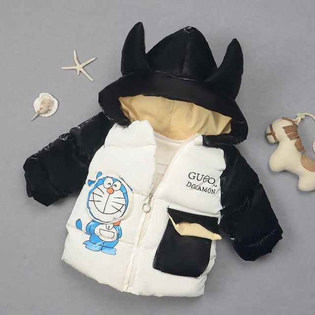 Doraemon, chaqueta de plumón para bebé, abrigo acolchado de algodón para bebé, ropa para niños y niñas, ropa de invierno gruesa para niños y niñas, prendas de vestirNegro120 Deng Xun unisex