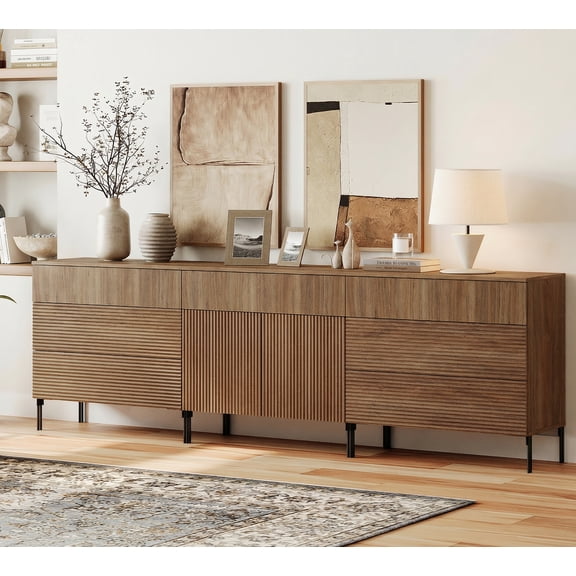 WAMPAT 94.5" Sideboard Cabinet with 6 Drawers and 2 Doors, Modern Fluted Credenza Buffet Cabinet with Adjustable Shelves, Large Storage Cabinet for Dining Room, Living Room