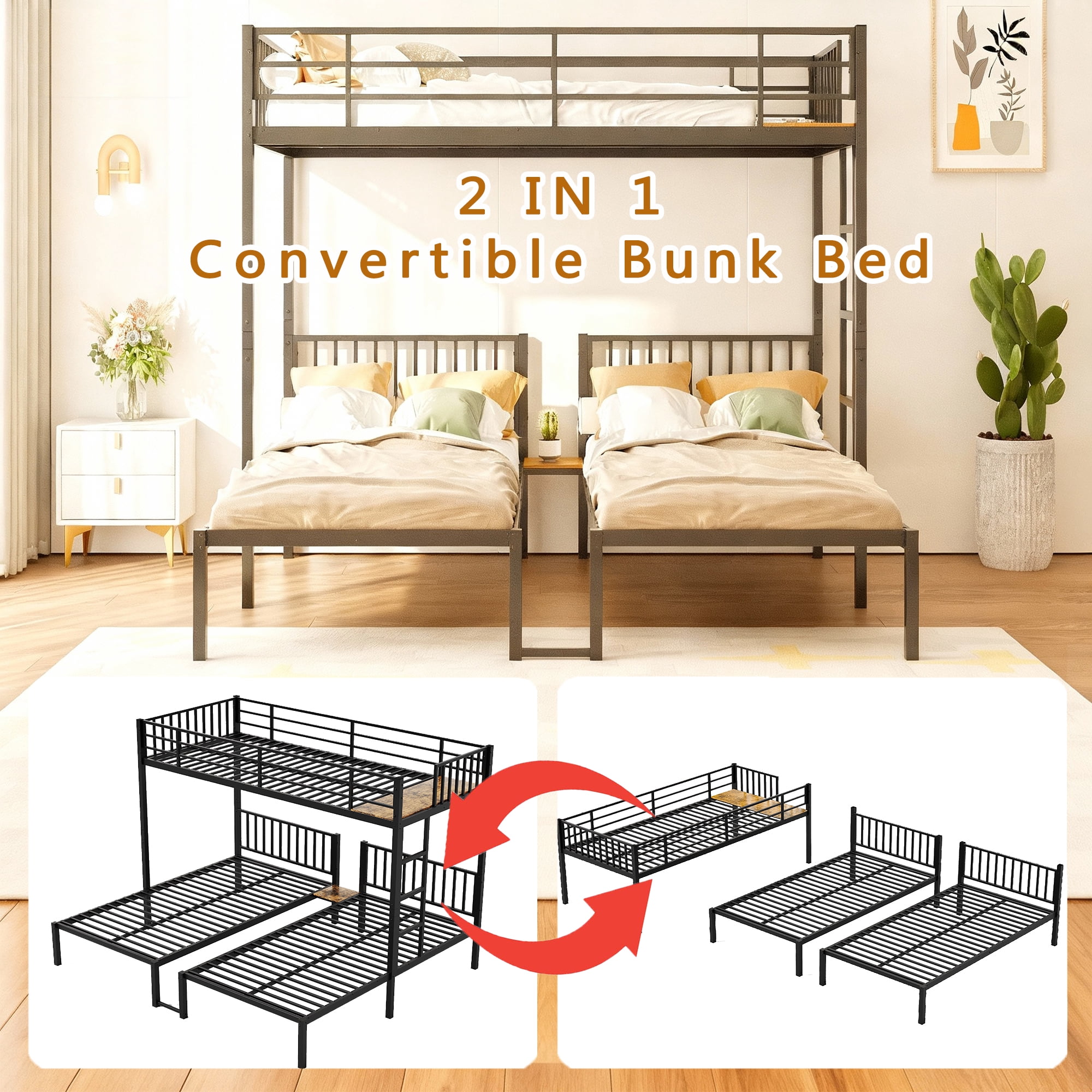 Triple Bunk Bed, Twin Over Twin Metal Bunk Bed Frame with Safety Guardrails and Ladder, Heavy Duty Converts to 3 Individual Beds, Space-Saving Family Sleep Solution for Bedroom Guest Room, Black