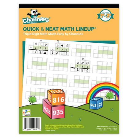 Channie's Visual Math LineUp, Quick & Neat Triple Digit Math Line Up, blank paper sheets for addition, subtraction, and single digit multiplication. Grades 1, 2, 3, 4th