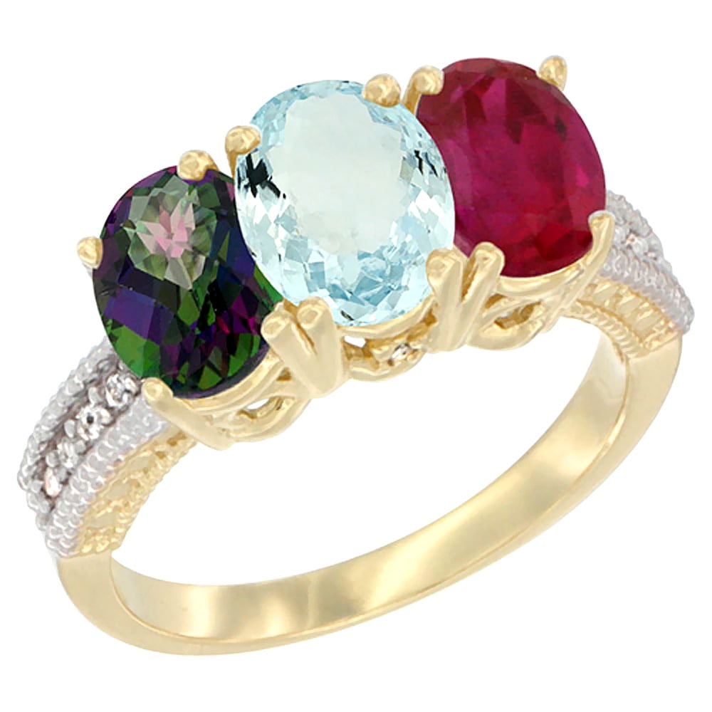 10K Yellow Gold Diamond Natural Mystic Topaz, Aquamarine & Enhanced Ruby Ring 3-Stone 7x5 mm Oval, sizes 5 10 by WorldJewels