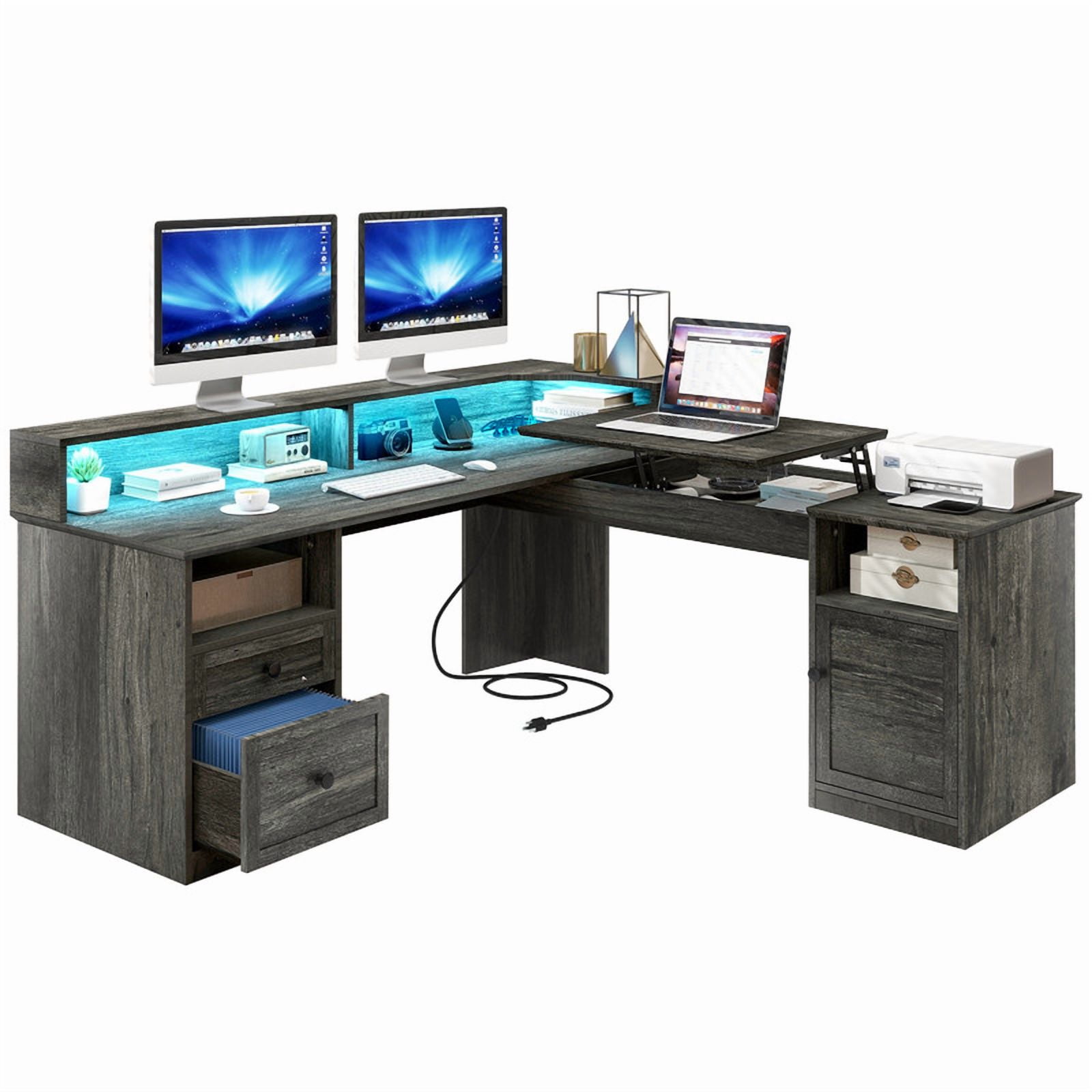 Uforic L Shaped Computer Desk with Power Outlet&LED Lights&File Drawer, 59 '' Corner Computer Table with Hutch& Storage Shelves, Gaming Desk Office Desk with Lift Top For Home Office, Gray