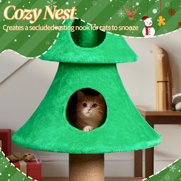 59in Large Tall Christmas Tree Cat Tower with 2 Cat Condos & Scratching Post, Soft Fleece Cat Tree with Teaser Toy & Sturdy Base & Built-in Openings for Indoor Cats, Green