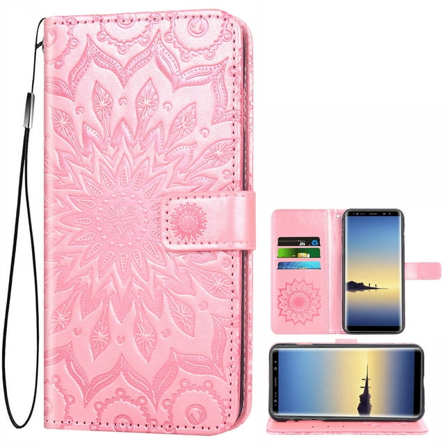 Galaxy Note 8 Case, Genuine Leather Note 8 Wallet Flip Cover Case with Credit Card Slots, Magnetic Closure, Stand, Shock Absorbing Case Compatible with Note 8 - Rose Gold