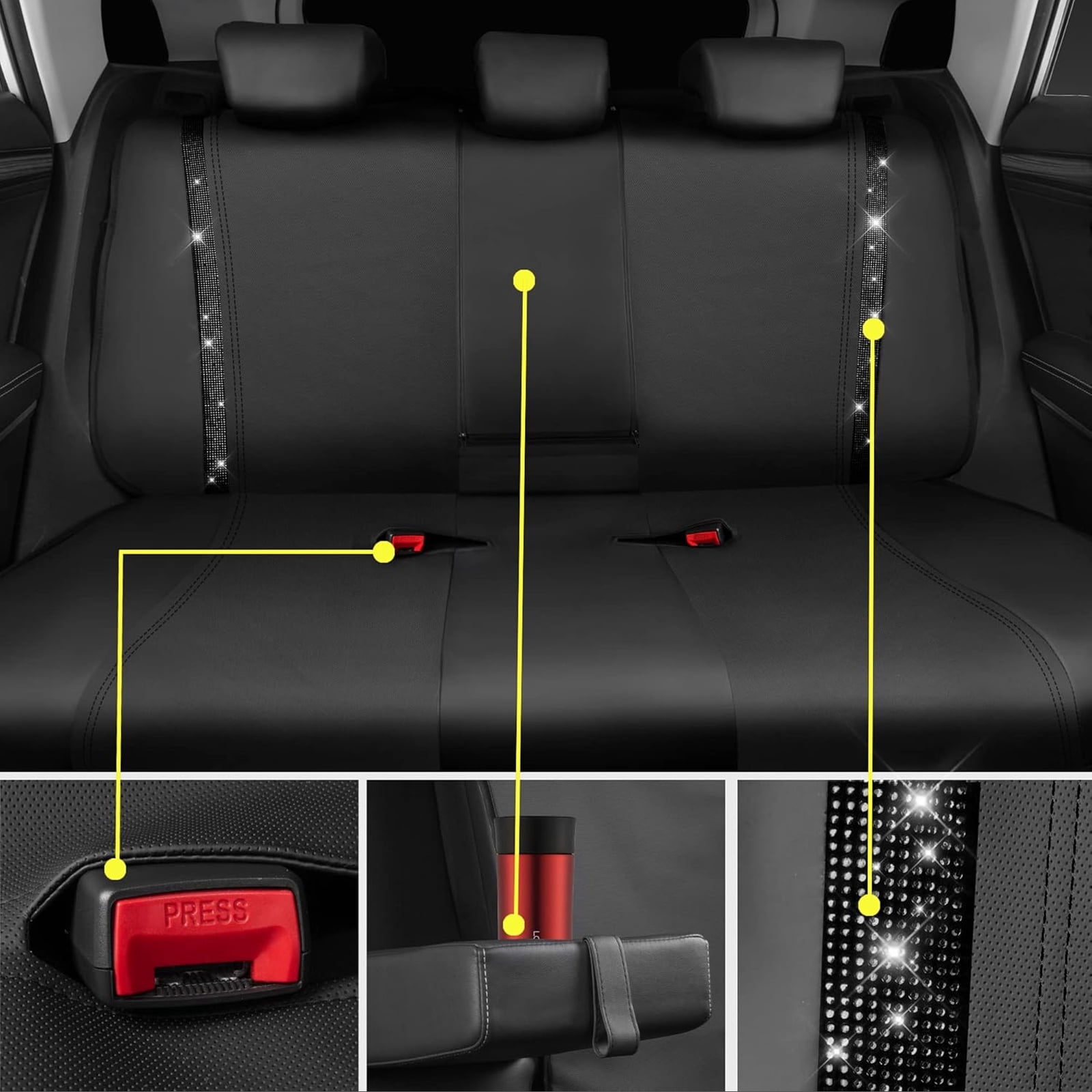 Car-Grand Bling Diamond Rhinestone Leather car seat covers full set waterproof universal shinning glitter crytal sparkle fit automotivve truck SUV Cute girl femal Black