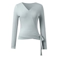 thumbnail image 2 of Kiijoy Girl's Tie Wrap Top Solid Long Sleeve V Neck Ballet Dance Yoga Tshirt, Grey, 9-10 Years, 2 of 6