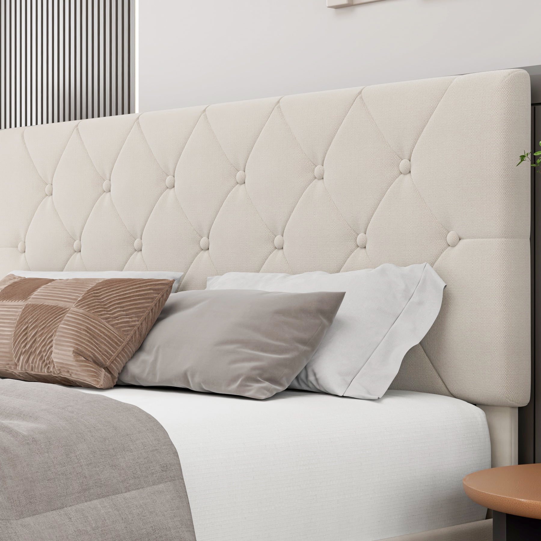 Homfa Queen Size 4 Storage Drawers Bed Frame, Square Tufted Upholstered Platform Bed with Adjustable Headboard, Off-white