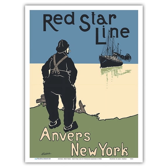 Antwerp (Anvers) Belgium To New York - Red Star Line - Vintage Ocean Liner Travel Poster by Henrick Cassiers c.1900s - Master Art Print (Unframed) 9in x 12in