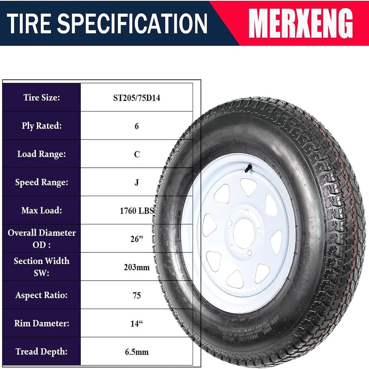 Danolapsi 2 Packs ST205/75D14 Trailer Tires, 5 Lug on 4.5", 6PR Load Range C, 14in Fuel-saving Designed Trailer Tires 205 75 14 for Travel/Camper/Landscape/Cargo/Utility/Boat/Horse/Farm/Hauler Trailer