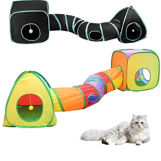 Túnel plegable para gatos y set de tienda - Túnel interactivo de juego arcoíris con cubo taladro - Juguete portátil para gatitos y mascotas pequeñas