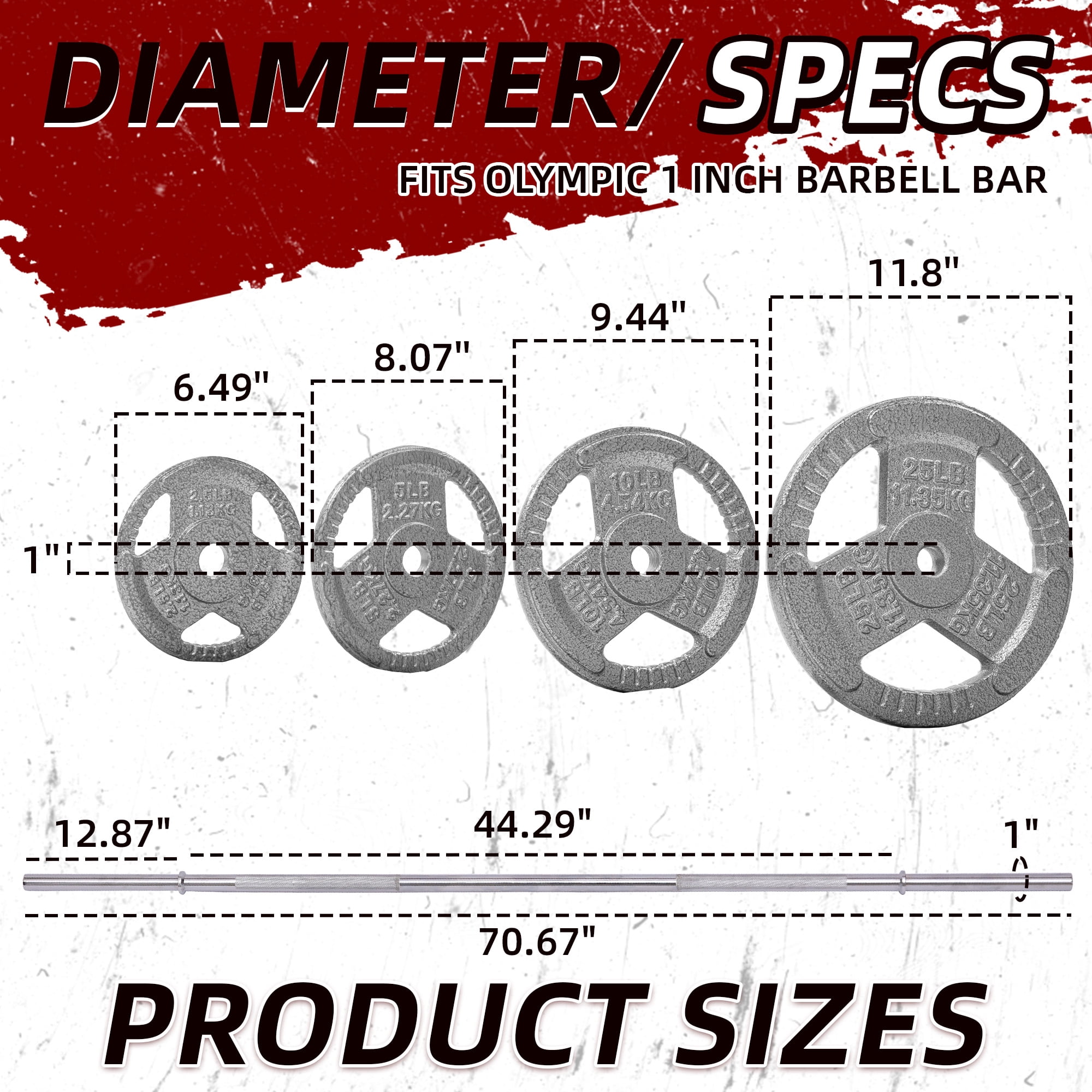 FlexWave 85LB Standard 1" Cast Iron 3-Grip Weight Plates Set, Light Gray