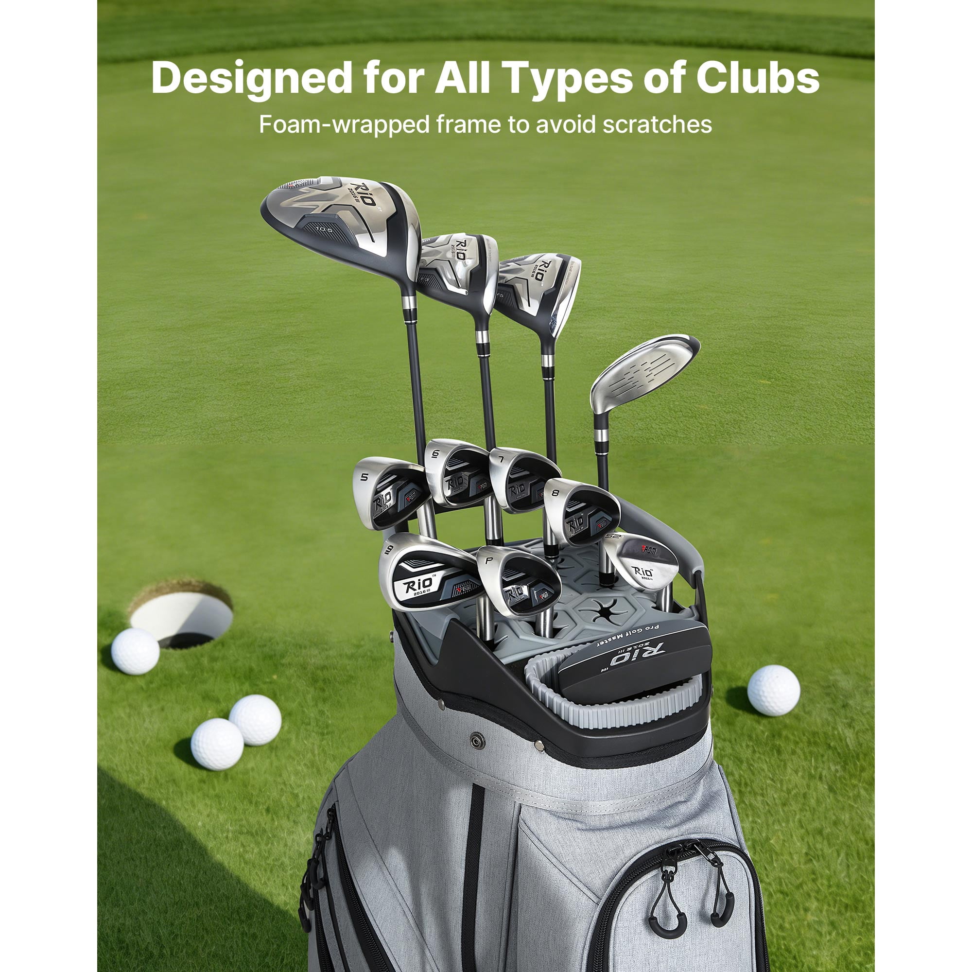 KFFKFF Golf Cart Bag with 15-Way Divider, Full-Length Club Protection, Rain Cover, Multiple Storage Pockets, Durable Polyester Material, Silicone Head Covers, and Comfortable Shoulder Strap