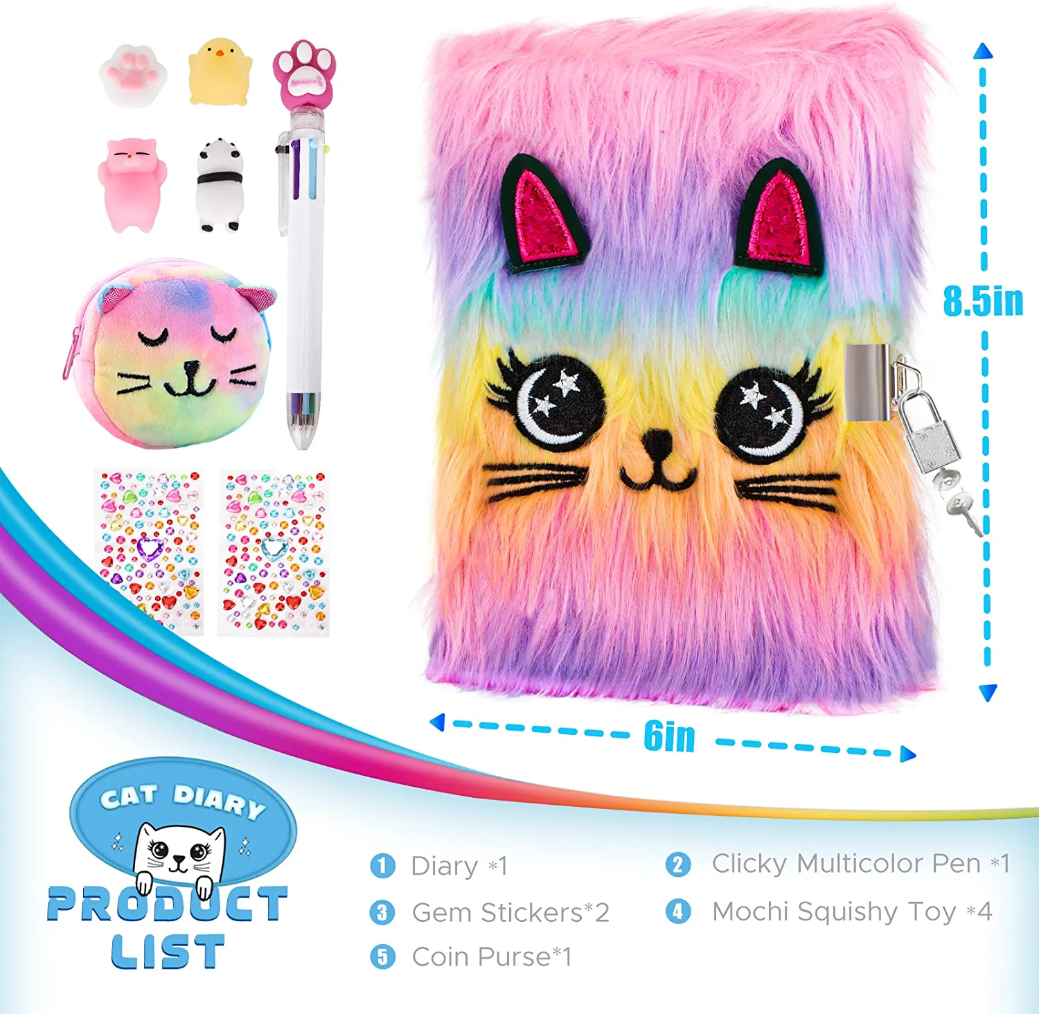 JYPS Cat Diary with Lock and Keys,Plush Secret Journal,Hardcover Fluffy Notebook for Writing and Drawing,Cute Fuzzy Stationary Gifts