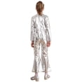 thumbnail image 2 of YEAHDOR Kids Girls Metallic Disco Dance Jumpsuit Long Sleeve Bell-Bottomed Bodysuit Halloween Party Outfit Silver 8, 2 of 7