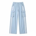 thumbnail image 5 of Women's Pants - Women's Cargo Pants Baggy Straight Wide Leg Track Pants Striped Joggers with Pockets Athletic Streetwear 2026 Trendy Light Blue L, 5 of 5