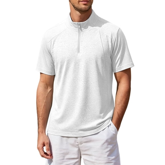 Avirosel Men's Golf Shirt Casual Zip Up Moisture Wicking Short Sleeve Stand Collar Lightweight Mens Polo Shirt White