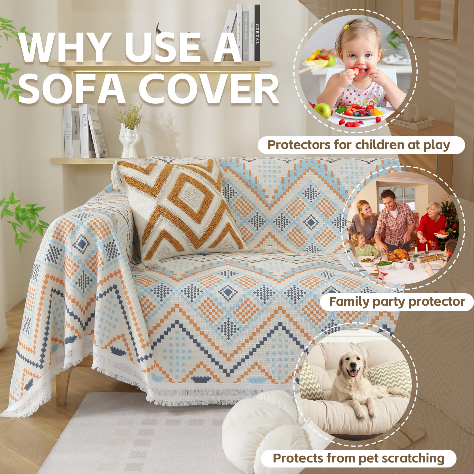 Croniis Boho Sofa Cover with Anti-slip Velcro Tape, Couch Blanket Cover Sectional Sofa Cover for Boho Style, Revitalizing the Old Sofa,Couch Protector,Printing Process 71*150in