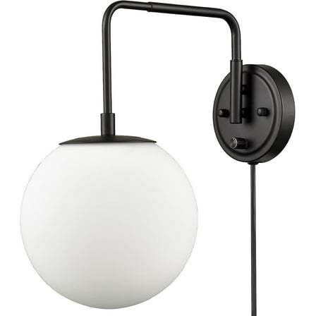 Claxy Black Swing Arm Wall Sconce with Globe Milk Glass Shade Plug in Cord
