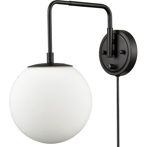Claxy Black Swing Arm Wall Sconce with Globe Milk Glass Shade Plug in Cord