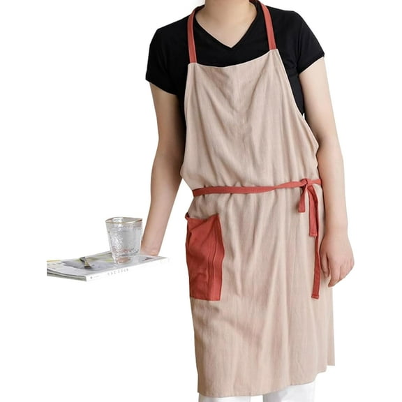 100% Linen Apron for Women with Pocket, Color Blocking Pinafore for Kitchen Garden Cooking Men (5 Colors)