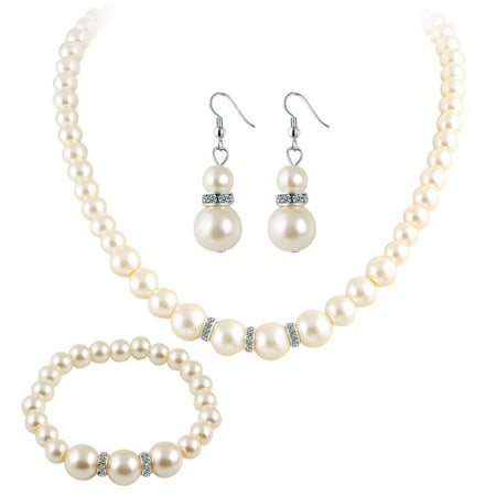 Wedding Set Sequin Pearl - 3 Pcs Stylish Fashion Elegant Euramerican Pearl Crystal Diamond Necklace Earrings Ear Stud Bracelet Jewelry Set Accessories Gifts for Women Bride Wedding