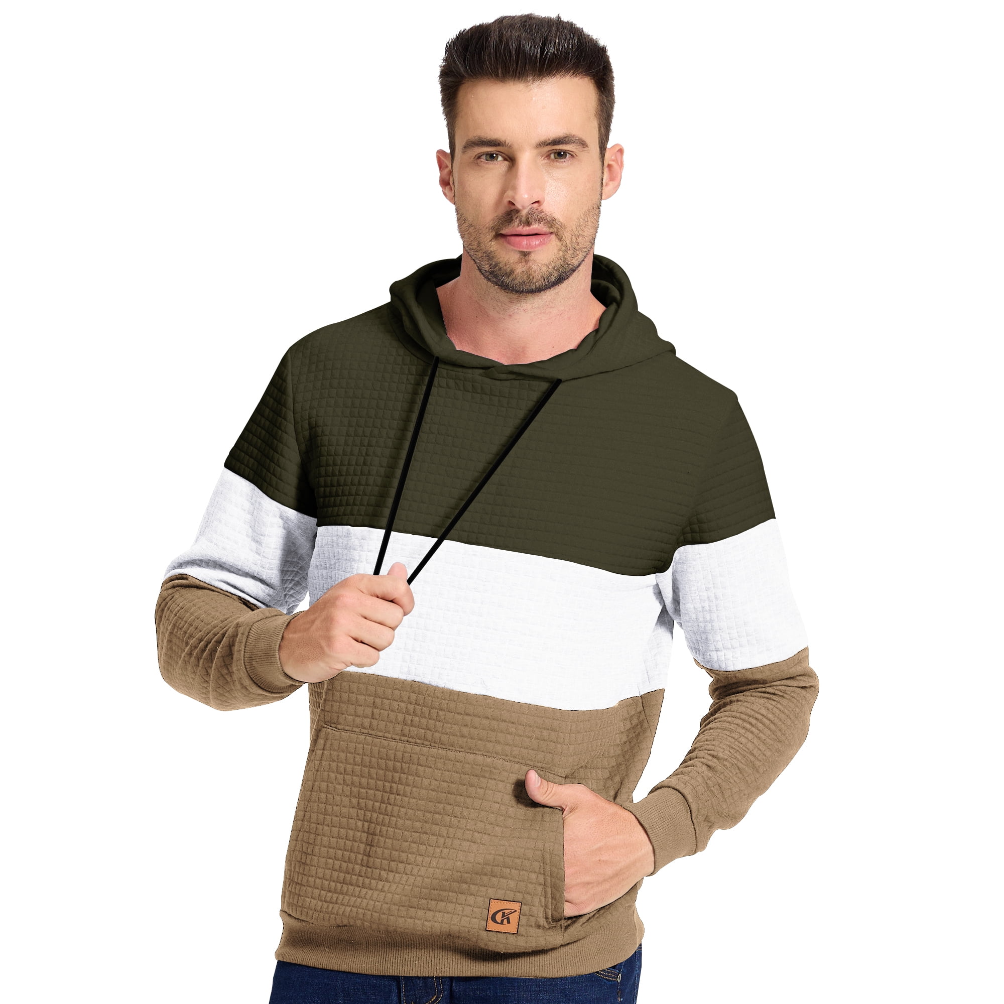 Satankud Men's Pullover Hoodies Plaid Jacquard Color Block Long Sleeve Casual Hooded Sweatshirts with Kanga Pockets Armygreen/White/Khaki XL