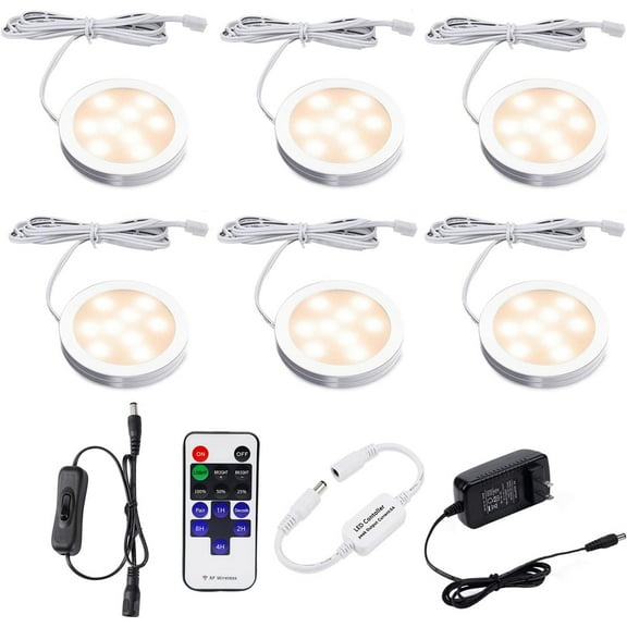 Dimmable LED Under Cabinet Lighting Kit - 6 Ultra Slim Puck Lights with 12V Plug-in Adapter & Wireless Remote Control (Warm White) for Kitchen & Display