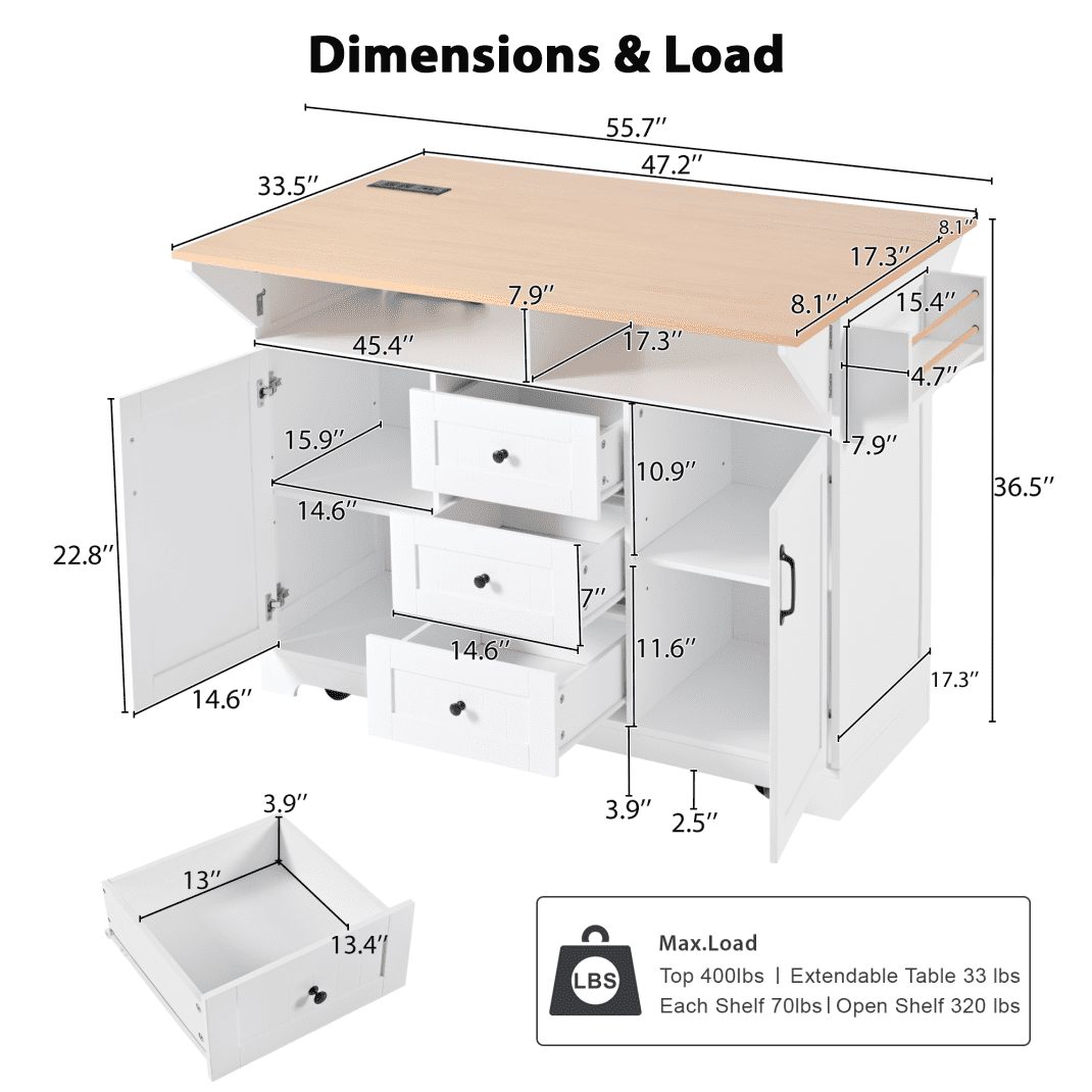 56" Large Kitchen Island with 2 Drop Leafs, Rolling Kitchen Cart on 5 Wheels W/Power Outlet & 3 Drawers, Folding Storage Dining Table W/Spice & Towel Racks, for Kitchen, Dining Room, White