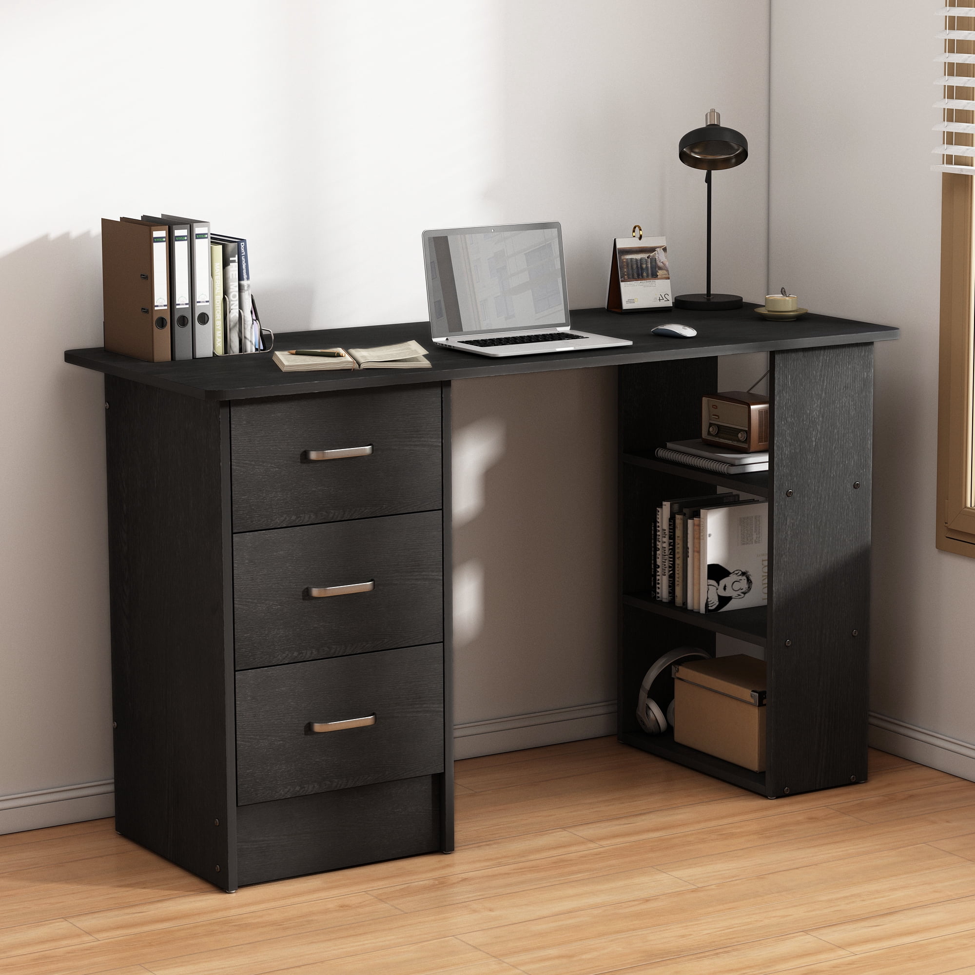 Chnnmbrn Computer Desk With Drawers,Standing Dressing Desk With Storage Racks,Writing Desk for Home Office , Bedroom,Black