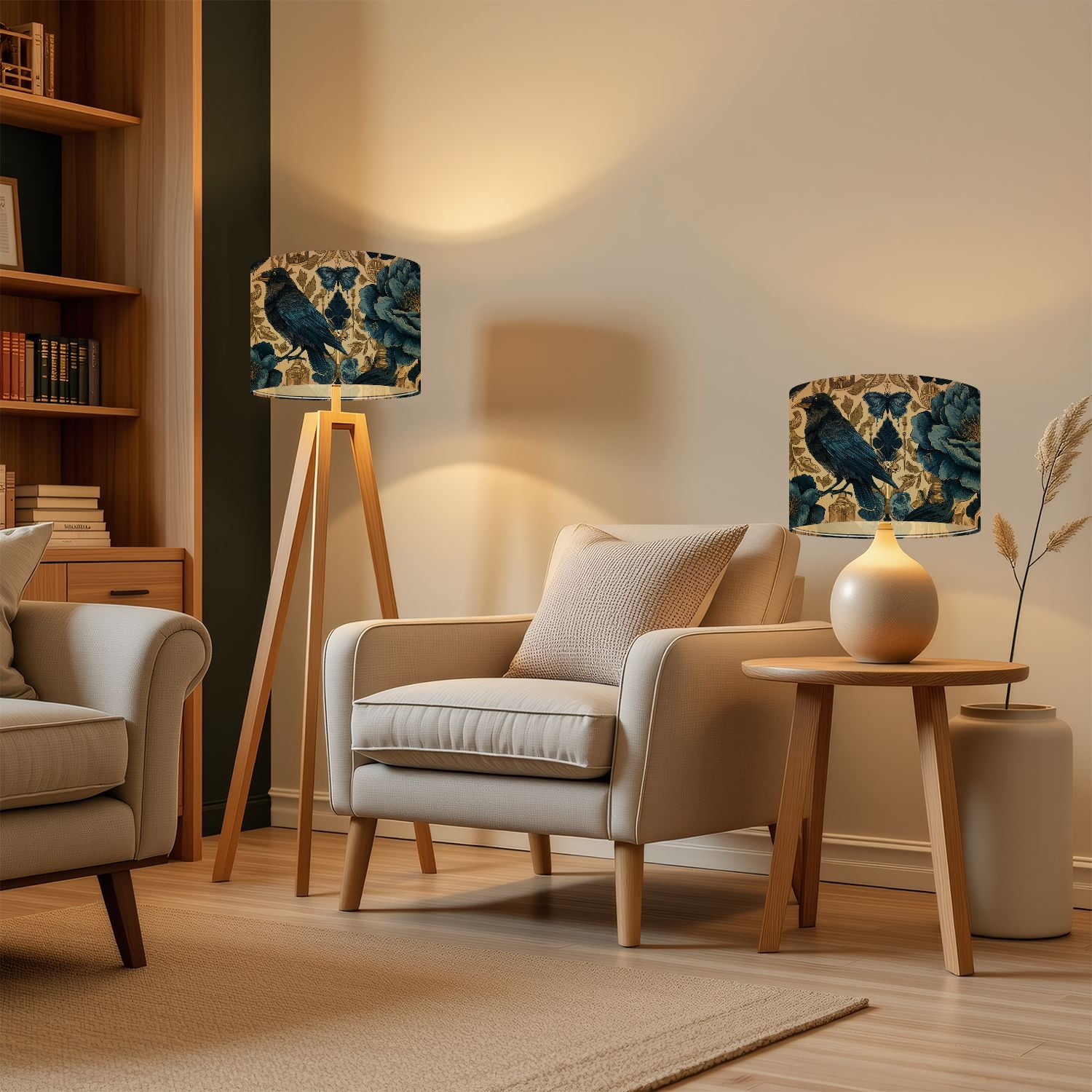 Lampshades 2 Pack Dark Floral Raven Butterfly Vintage Elements Blue Gold 13"x13"x10" Light Shade for Table Lamps Floor Lamps Drum Lamp Shades Lampshade Replacement Easy Assembly