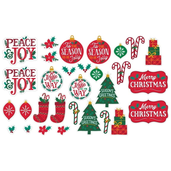 Christmas Themed Cutouts Party Decoration Kit - 2 3/5" To 11 1/2" - Red And Green - 30 Pcs