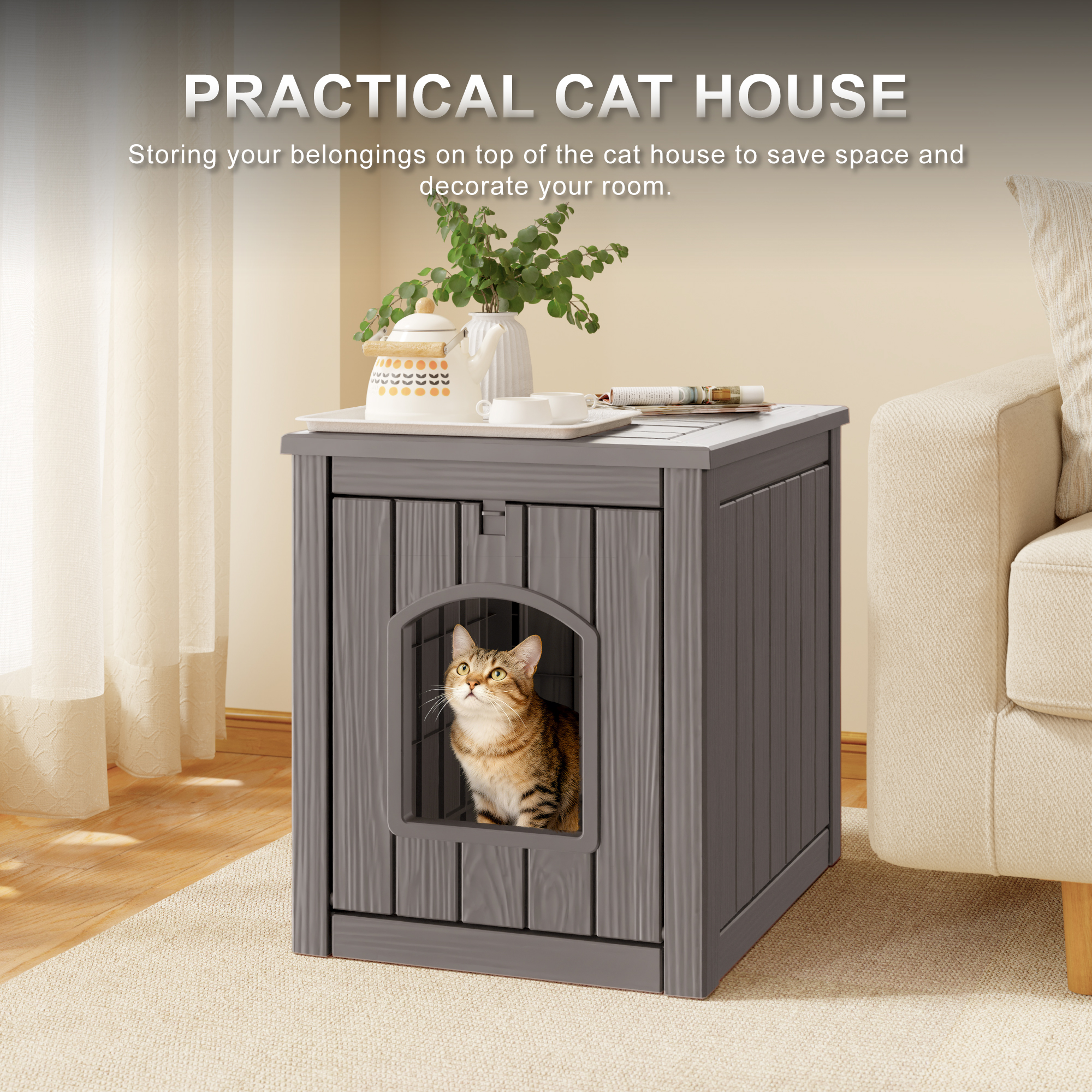 LHBcraft Outdoor Cat House, Weatherproof PP Cat Shelter for Feral & Stray Cats, Durable All-Season Pet House for Garden & Patio ,Gray