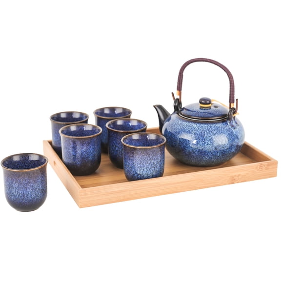 Kitchen Star 9 Piece Traditional Tea Serving Set with Bamboo Serving Tray includes strainer, Colour Blue