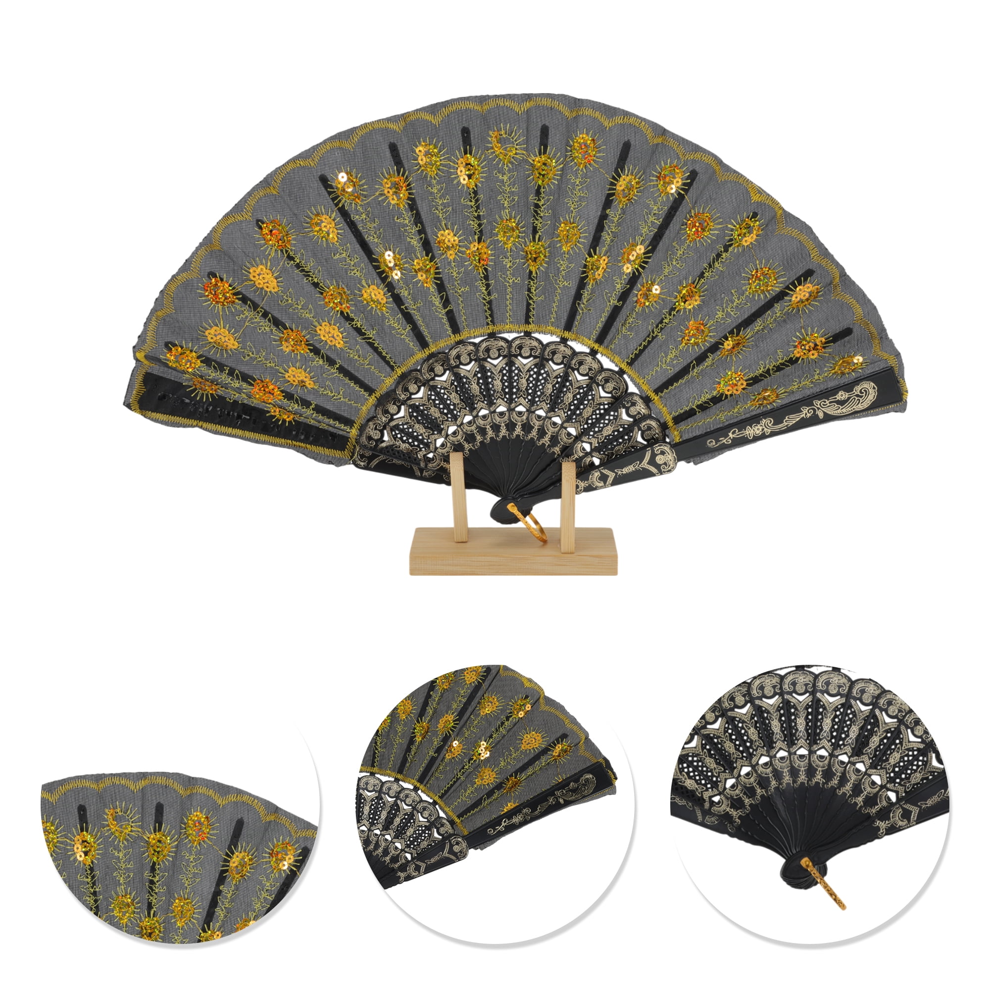 Unique Bargains Beautiful Sequins Folding Fan 1 Pc Yellow