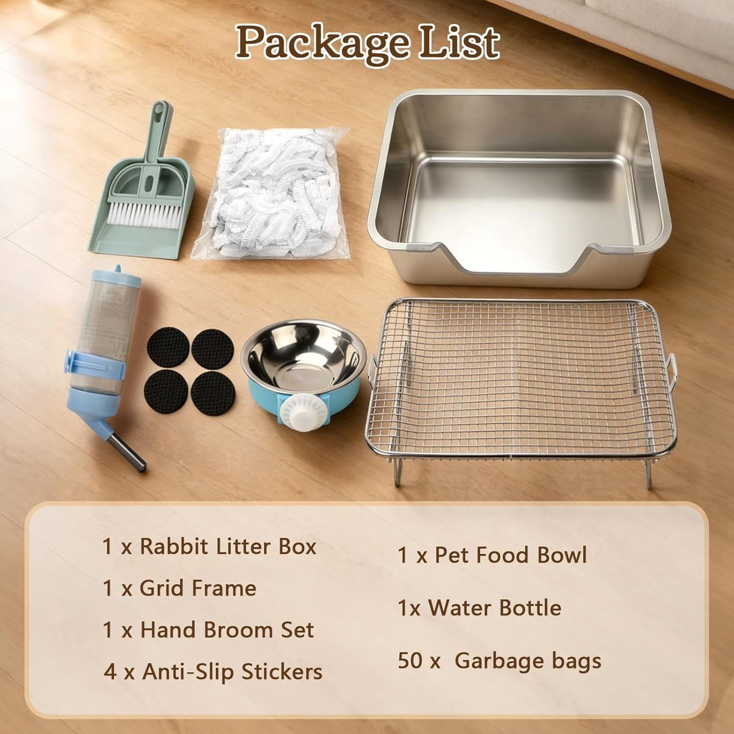 Large Rabbit Litter Box, Bunny Litter Box High Side with 304 Stainless Steel Sifting Tray, Metal Small Animal Litter Pan with Pet Food Bowl and Water Bottle, Non-Slip Easy to Clean Odor Control