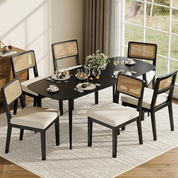 Rattan Dining Chairs Set of 6, French Country Upholstered Dining Chairs Wood Frame, Rattan Backrest, Armless Chair for Kitchen Restaurant Dining Room Bedroom, Linen, Black