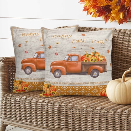 Happy Fall Ya ll Pillow Covers 2 Pack Orange Trucks Carrying Pumpkins Sunflower Wood Pillowcase Waterproof Outdoor Throw Pillow Cover for Patio Garden Balcony Decorative Square Cushion 24 x24