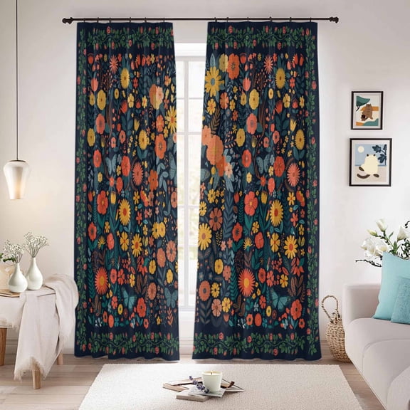 Boho Flowers Blackout Curtains for Bedroom/Living Room, Pinch Pleated Black Out Curtains, Spring Abstract Watercolor Floral Leaf Room Darkening Window Drapes with Hooks 2 Panels, 39"x70"